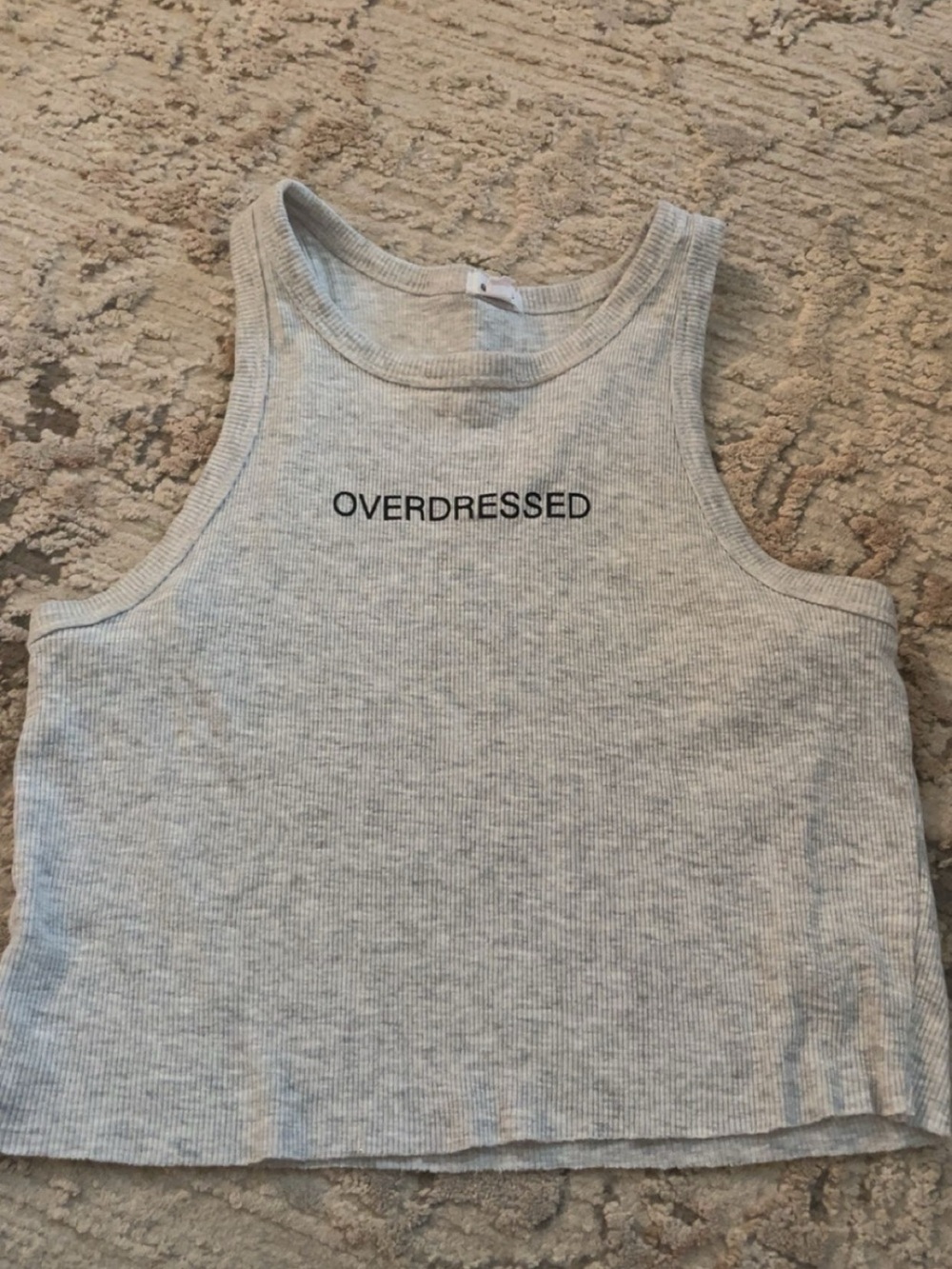 Garage Light Gray Ribbed Tank Top with "OVERDRESSED" Text